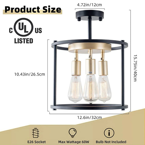 Dope Industrial Semi Flush Mount 3 Light Ceiling Fixture In Vintage Black With Adjustable Sockets And Rustic Metal Cage Shade