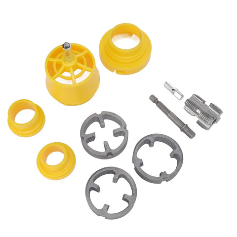Heavy Duty PPR Pipe Threader Kit With Double Head Tap Die Set For G Half And G Three Quarter Standard Threads parts in yellow and grey.