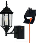 Dusk To Dawn Sensor Outdoor Wall Lantern with built-in GFCI outlet, black no-nonsense weatherproof sconce, E26 bulb, quick power access
