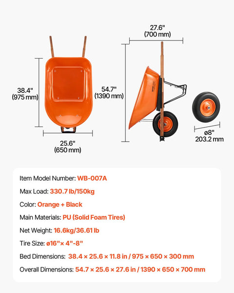 One Wheel Dump Cart For Garden And Yard, 6 Cu Ft Capacity, 330 Lb Load, Built Tough Wheelbarrow with 16 Inch Wheels