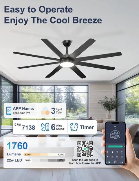 Big 72 Inch Ceiling Fan With Lights Remote Or App Control Dimmable LED Lighting shown with remote control interface