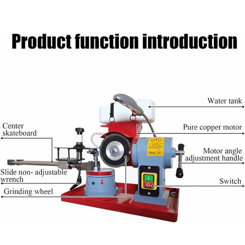 Heavy Duty Electric Circular Saw Blade Sharpener With Five Inch Grinding Wheel And Water Reservoir For Carbide Inserts 550 Watt Motor details showing water tank, motor, and grinding wheel.