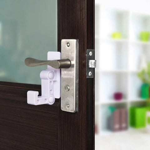 Kid Proof Cabinet And Appliance Door Lock In White Plastic With A Sturdy Lever That Latches Securely And Is Hard To Open