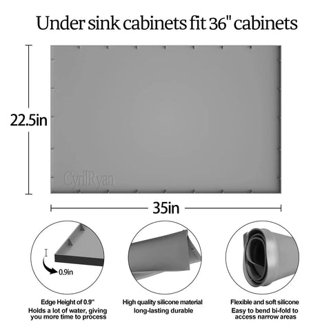 Gray under sink mat for 36-inch cabinets, silicone waterproof liner 35x22.5 inches, protects against leaks, holds over 3 gallons.