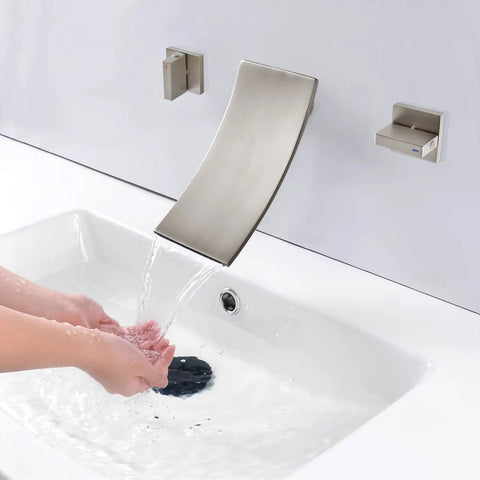Brushed Nickel Wall Mount Tub Filler With High Flow Valve Waterfall Tub Faucet For Sinks And Tubs Solid Brass Rough-In 2.5 GPM At 60 PSI 7.48 Inch Spout Reach 3.9 Inch Spout Width 1/2 Inch Thread Size