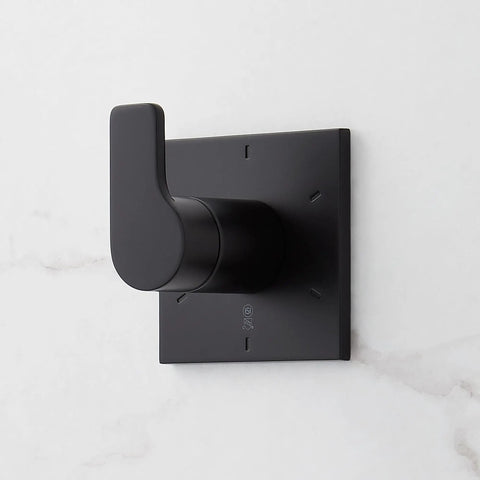 Slick Matte Black Hibiscus Thermostatic Shower System With 1.8 GPM Flow Control wall-mounted control handle detail.