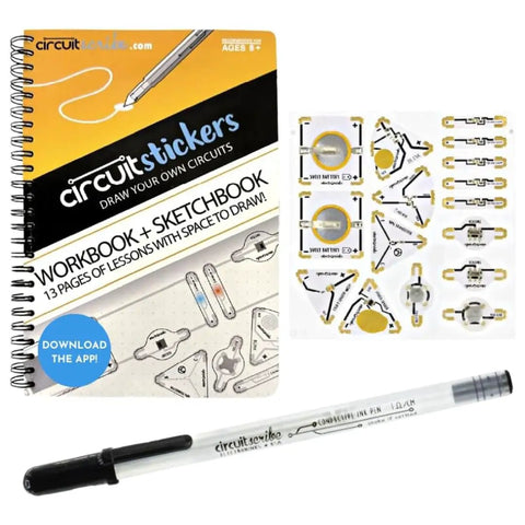 Draw Circuits With Conductive Ink Pen Kit, 11 Electronic Sticker Modules, And A 27 Lesson Workbook for DIY STEM projects.