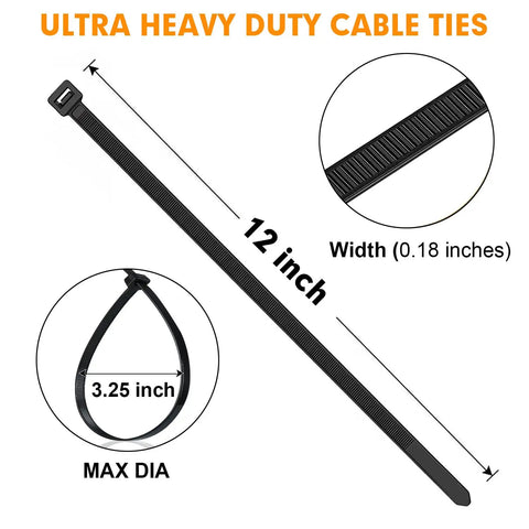 Beefy Heavy Duty Black Cable Zip Ties 12 Inch 1200 Pack Nylon 66 Tie Wraps With 50 Lb Tensile Strength UV Resistant Outdoor