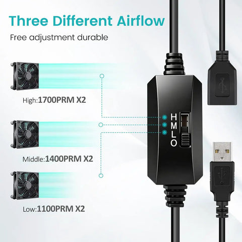 Control unit for Dual 120mm USB Cooling Fan For Computer Rig with adjustable speed settings and airflow options.
