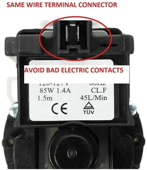 Front Load Washer Drain Pump Replacement For Whirlpool W10321032 WPW10321032 PS11752769 with wire terminal and warning label.