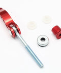 High Strength Aluminum Bike Seat Post Quick Release Pin M6x65mm Clamp Bolt shown with components in red aluminum and metal.