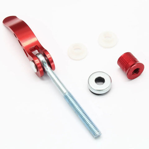 High Strength Aluminum Bike Seat Post Quick Release Pin M6x65mm Clamp Bolt shown with components in red aluminum and metal.
