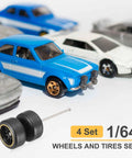 Four Pack 1/64 Scale Wheels And Tires Set With Real Riders Rims Axles Included For RC Diecast Cars And DIY Models next to blue toy car