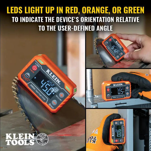 Digital Level And Angle Gauge With LED Alert And Angle Setter, Measures 0 To 90 And 0 To 180 Degrees in use on a saw blade.