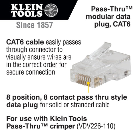 Close-up of CAT6 data plug for RJ45 Cable Tester Kit With LAN Scout Jr 2, showing pass-thru design for wire testing.