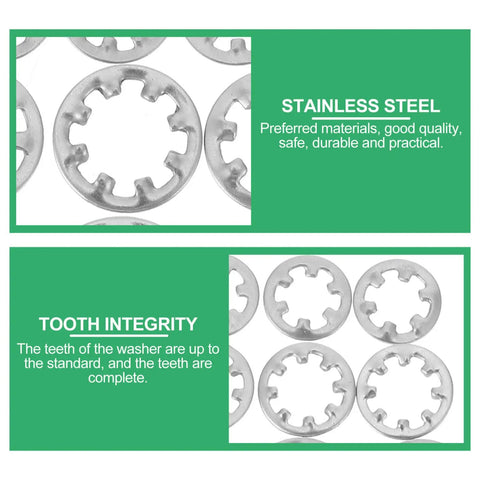 Close-up of stainless steel internal tooth lock washers highlighting durable star design from Internal Tooth Lock Washers Set 300 Pieces.