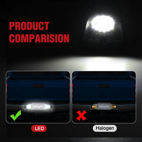 Product comparison showing Toyota Tacoma license plate lights: LED versus halogen, highlighting License Plate Lights For Toyota Tacoma 1995 1996 1997 1998 1999 2000 2001 2002 2003 2004 Black Housing 6000K White LED 2 Pack Non Polarity Plug And Play.