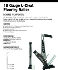 Built Tough Air Powered 18 Gauge L Cleat Flooring Nailer with non-marring base plates and fiberglass mallet for hardwood installations.
