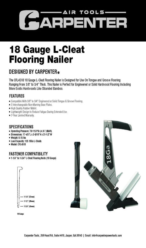 Built Tough Air Powered 18 Gauge L Cleat Flooring Nailer with non-marring base plates and fiberglass mallet for hardwood installations.