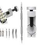 Watch Band Link Removal Kit with Spring Bar Tool, Pin Pushers, and Extra Pins for metal and leather bands shown in detail.
