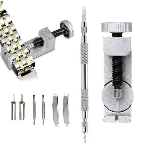 Watch Band Link Removal Kit with Spring Bar Tool, Pin Pushers, and Extra Pins for metal and leather bands shown in detail.
