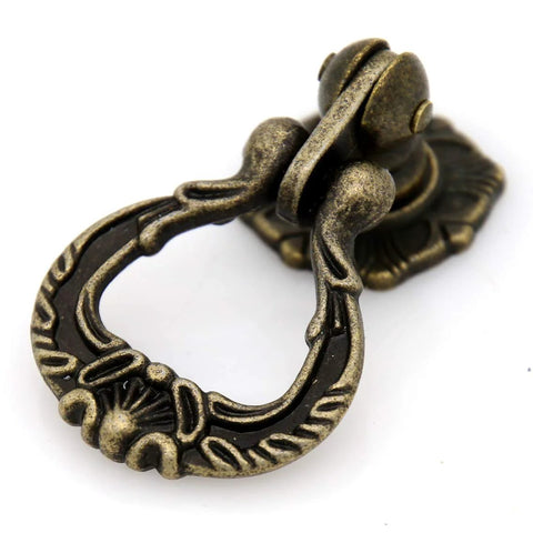 Set Of 4 Vintage Antique Brass Pendant Ring Pull Handles With Single Mounting Hole, detailed close-up view