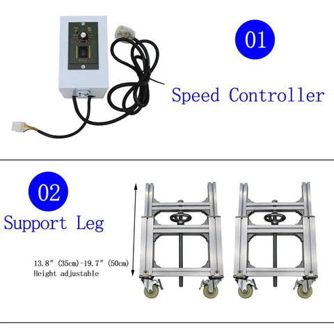 Speed controller and support legs for Electric PVC Belt Conveyor With Adjustable Speed, Dual Guardrails For Desktop Use, Built Tough Industrial Transport Machine That Keeps Things Moving, 59 Inch By 7.9 Inch, 120W, 110V, White.