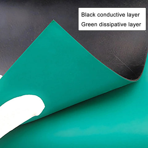 Heavy Duty Anti Static Rubber Workbench Mat showing black conductive and green dissipative layers, ideal for ESD protection.
