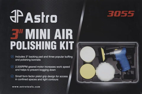 3 Inch Mini Air Polishing Kit With Direct Drive Polisher For Pro Grade Car Detailing Up To 2,500 RPM package contents shown