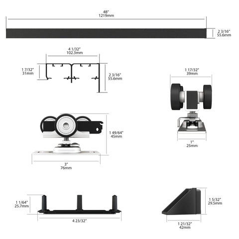 Heavy-Duty Bypass Door Track Hardware For Aluminum Sliding Doors, 48 Inch Four Foot Rail Set, detailed measurements and components