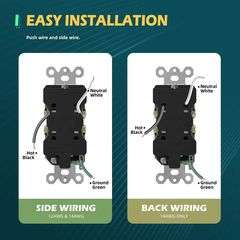 10 Pack Duplex Wall Receptacles 20A Tamper Resistant Outlets side and back wiring installation guide