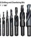HSS step drill bit set for metal drilling and chamfering, 90°/180° countersink, assorted sizes, Amazon brand.