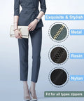 Woman in business attire holding a clutch, next to images of metal, resin, and nylon zippers labeled for all types of zippers.