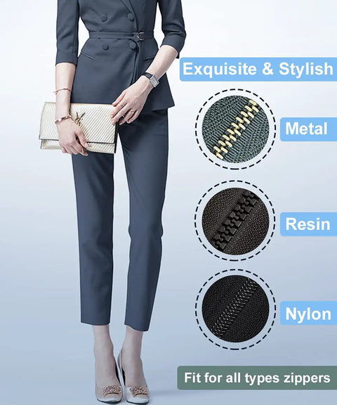 Woman in business attire holding a clutch, next to images of metal, resin, and nylon zippers labeled for all types of zippers.