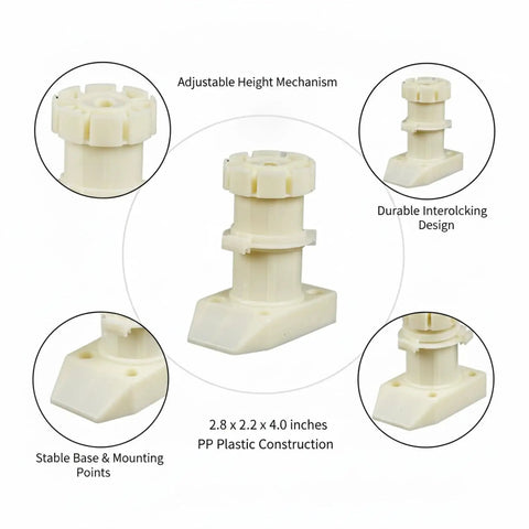 Durable PP Plastic Adjustable Cabinet Leveling Foot 4 Inch Furniture Leg showing height mechanism and interlocking design.