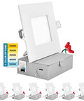 Slim 4 Inch Square LED Recessed Ceiling Lights With Junction Box, Five Color Temperatures 2700K To 5000K, 10W, 750 Lumens