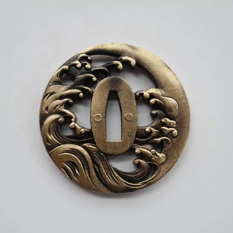 Antique Copper Tsuba And Fuchi Kashira Menuki Set For Samurai Sword Koshirae, Handcrafted Dope 8 To 9 Cm Guard with Wave Design