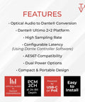 Features of Ultimate ToVi Dante Optical Encoder including Audio conversion, power options, and compact design.