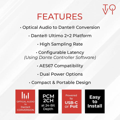 Features of Ultimate ToVi Dante Optical Encoder including Audio conversion, power options, and compact design.