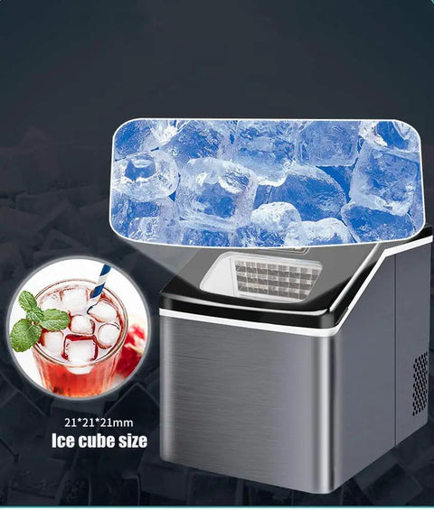 Heavy Duty Countertop Ice Maker Cranks Out Fifty Five Pounds Of Fresh Cube Ice Daily With Ridiculously Fast Twelve Minute Batch And Zero Drama Auto Clean System, showing fresh ice cubes.