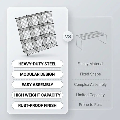 Comparison of 20 Grid Wire Mesh Storage Organizer With Interlocking Cube Panels and flimsy storage options.