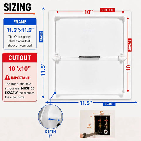 Sizing diagram for Built Tough Spring Access Panel 10x10 Inch For Ceiling And Drywall Snap Right In White Cover Plate.