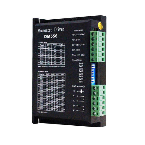 Front view of black DM556 CNC microstep driver with green terminal blocks