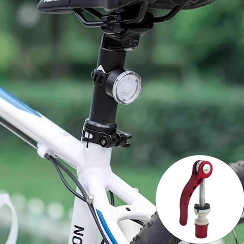 4 Pack 6mm Bike Seatpost Quick Release Pins Alloy Seatpost Clamp Bolts Universal Binder Skewer for Mountain and Road Bikes Replacement Parts Black and Red shown installed on a bicycle seatpost.