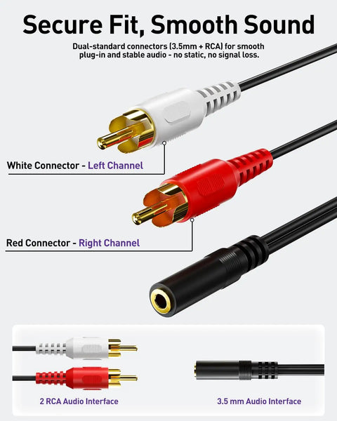 3.5mm To RCA Splitter Cable Y Adapter, Gold Plated Stereo Audio Cable For Tablets, Phones, DACs, Turntables To Home Speakers Or Soundbars, 2 Pack, Crystal Clear Sound, Durable And Universal Fit, 8-inch white and red RCA connectors