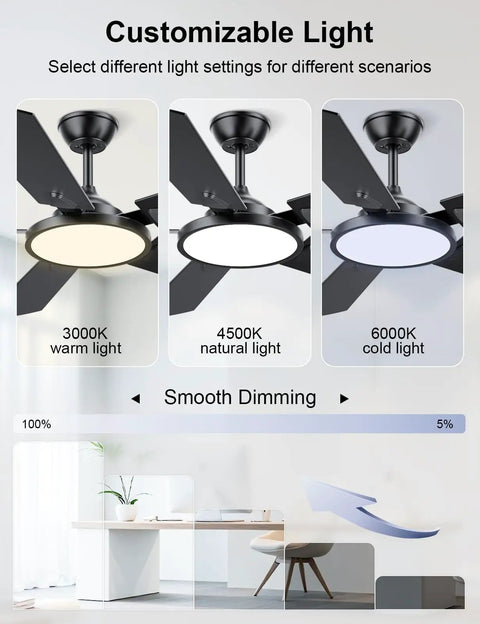 Smart 52 Inch Ceiling Fan With Lights Remote And App Control Dimmable 3CCT Color Temperature Quiet DC Motor Reversible Modern