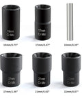 Six Piece Lug Nut Remover Set With Twist Socket Extractors, various sizes displayed with metric measurements, for bolt removal
