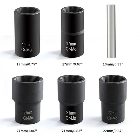 Six Piece Lug Nut Remover Set With Twist Socket Extractors, various sizes displayed with metric measurements, for bolt removal