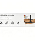Tough Aluminum Cabinet Hardware Jig With 16 Inch Adjustable Slide Rail For Dead On Knobs Handles Layout Zero Guesswork Quick Diy Woodworking Drill Template Guide on product box displaying features.
