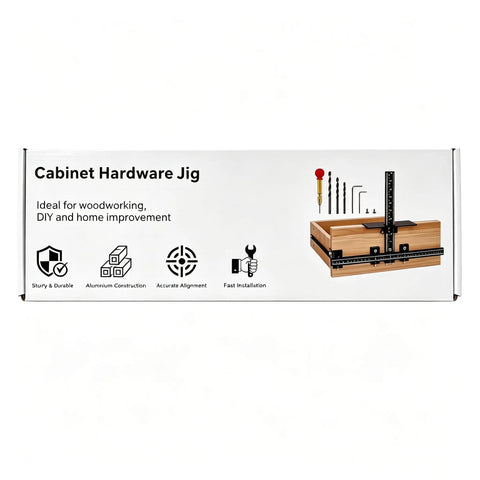 Tough Aluminum Cabinet Hardware Jig With 16 Inch Adjustable Slide Rail For Dead On Knobs Handles Layout Zero Guesswork Quick Diy Woodworking Drill Template Guide on product box displaying features.